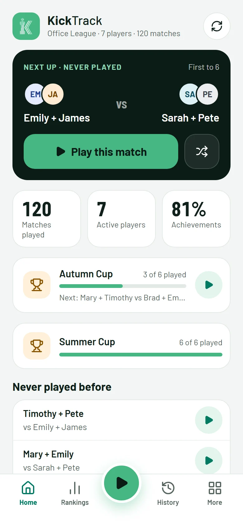 Home: the next match and the league's stats